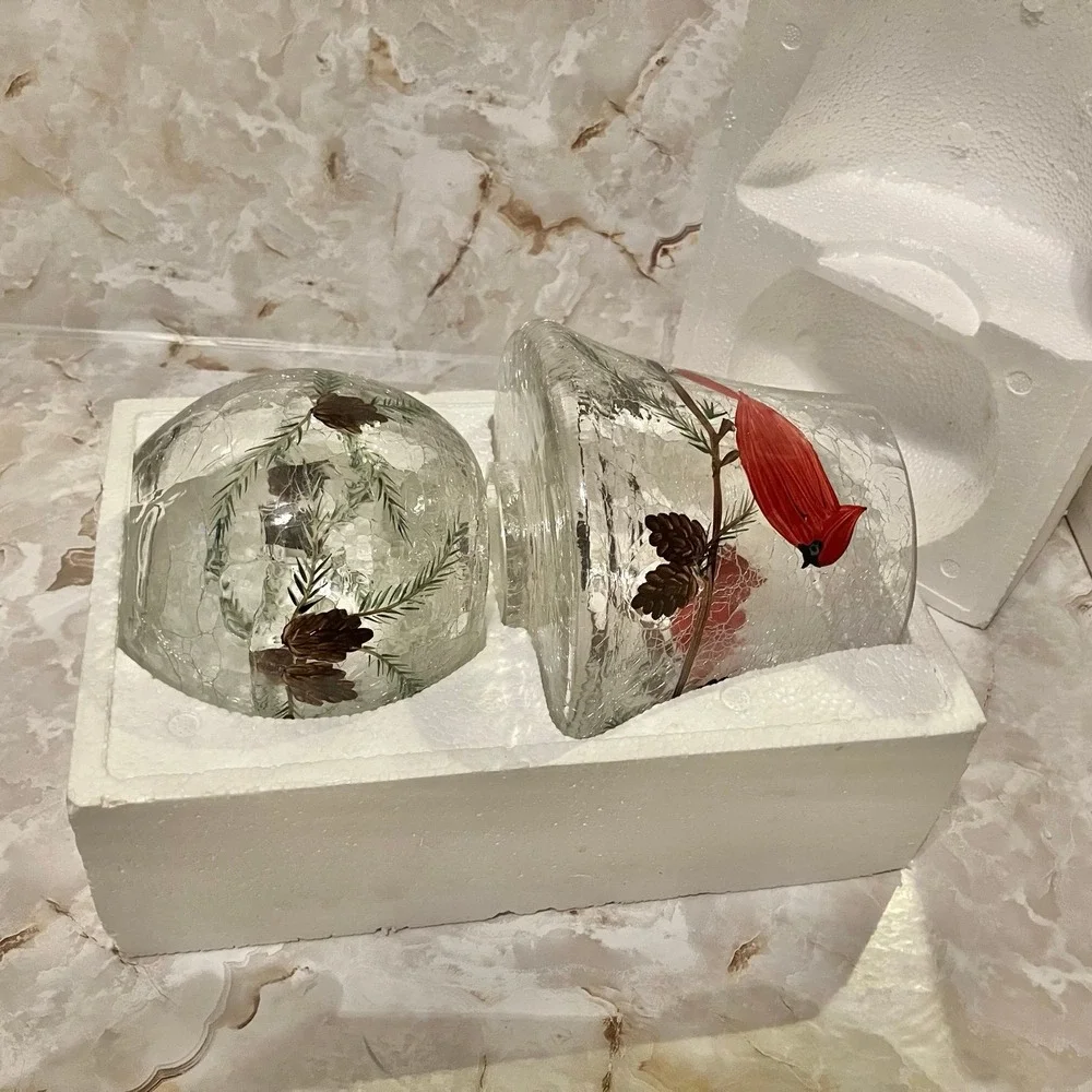 Yankee Candle Crackle Glass Cardinal Lamp Set Votive Holder Hurricane Shade